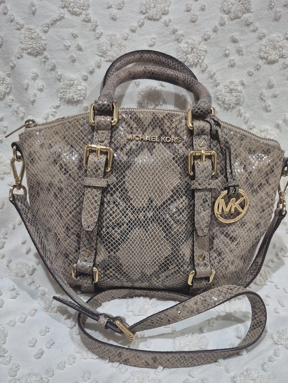 Michael Kors Beige Snake-Print Satchel with Gold Hardware